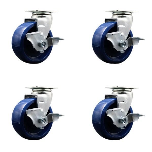 5 Inch Solid Polyurethane Swivel Caster Set with Ball Bearings and Brakes